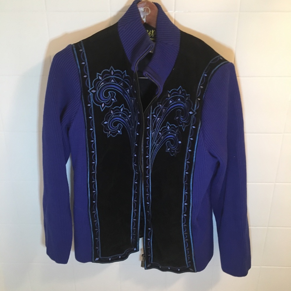 Bob Mackie blue and black suede knit jacket